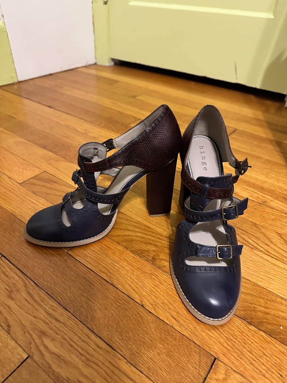hinge Navy and Brown Triple-Strap Block Heel Mary Janes